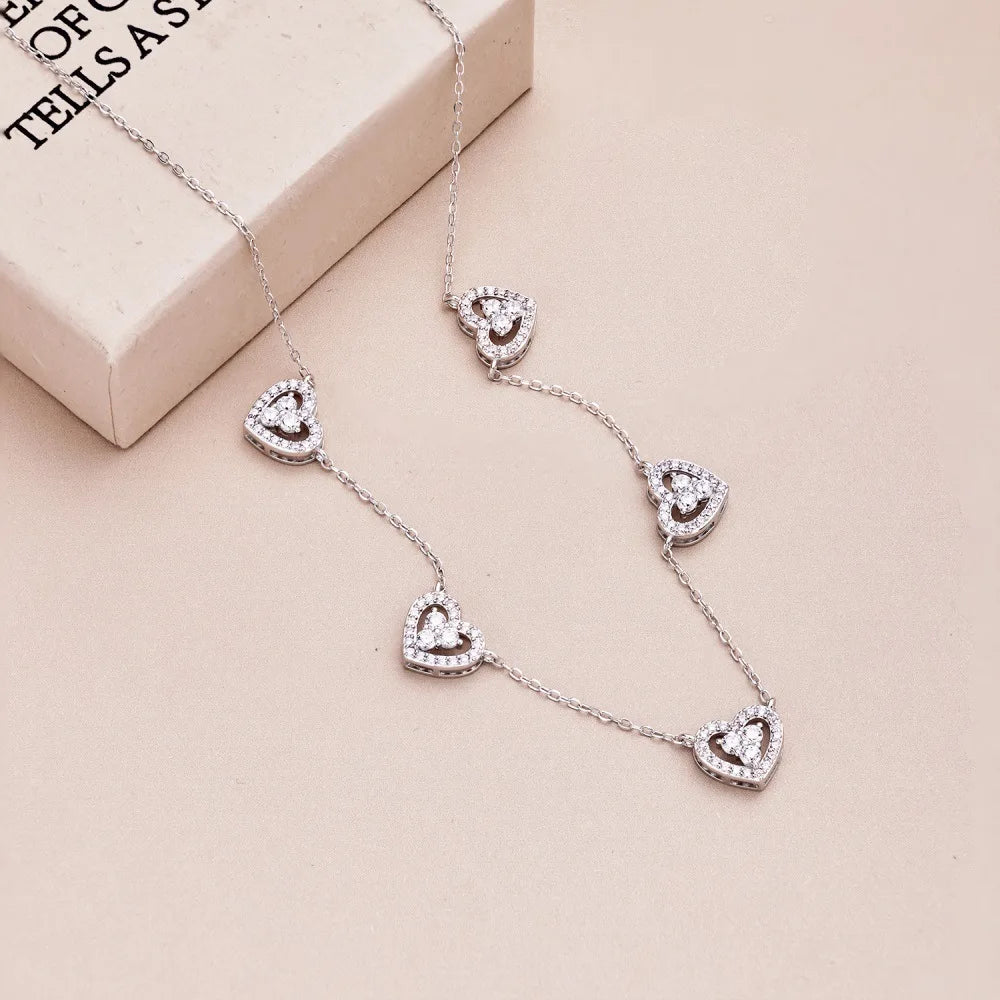 Diamond Necklace Silver S925 Heart Hollow Sparkling Luxury Jewelry