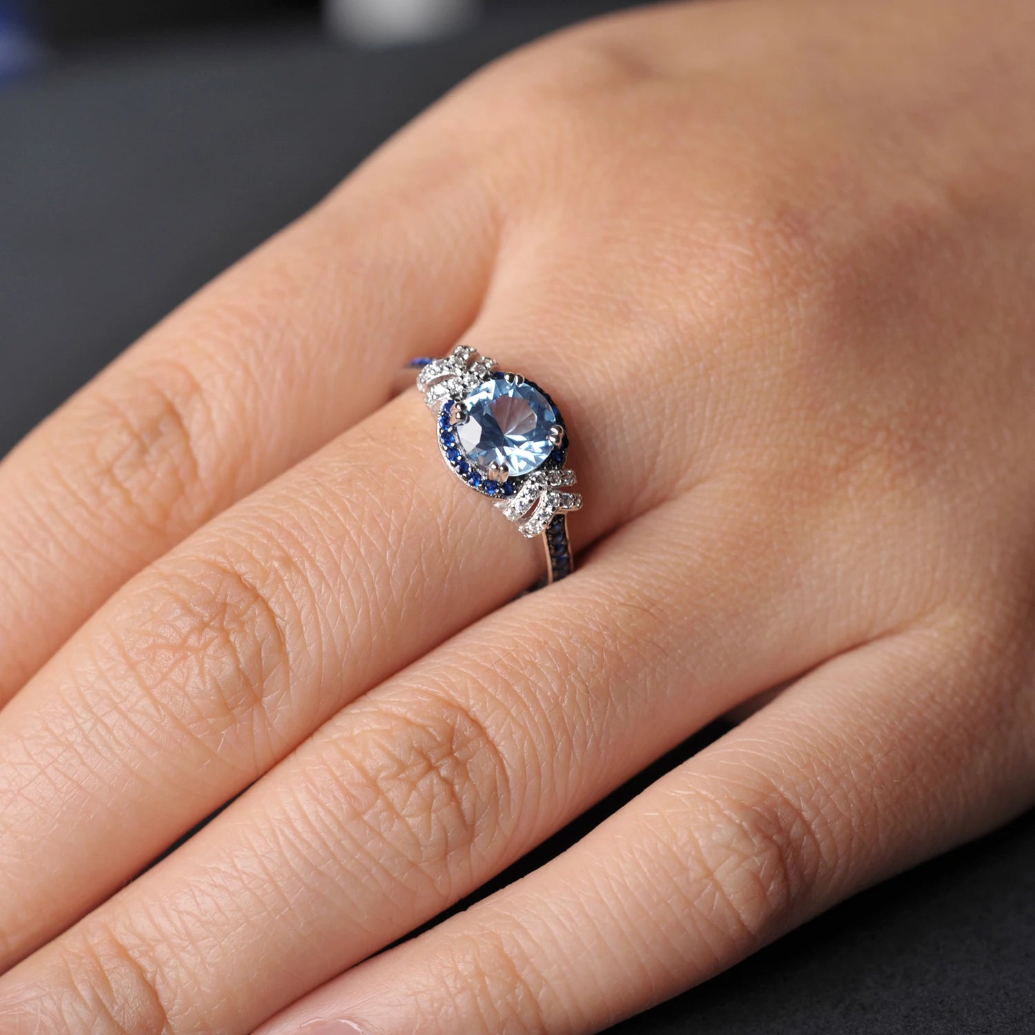 December Birthstone Round Natural Sky Blue Halo Ring Daily