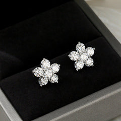 Moissanite Earring 5 Petal Flower White Gold Stud 925 Silver 