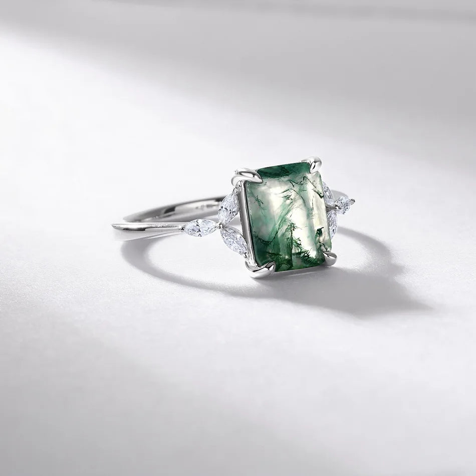 August Birthstone Green Moss Agate Ring for Woman Jewelry