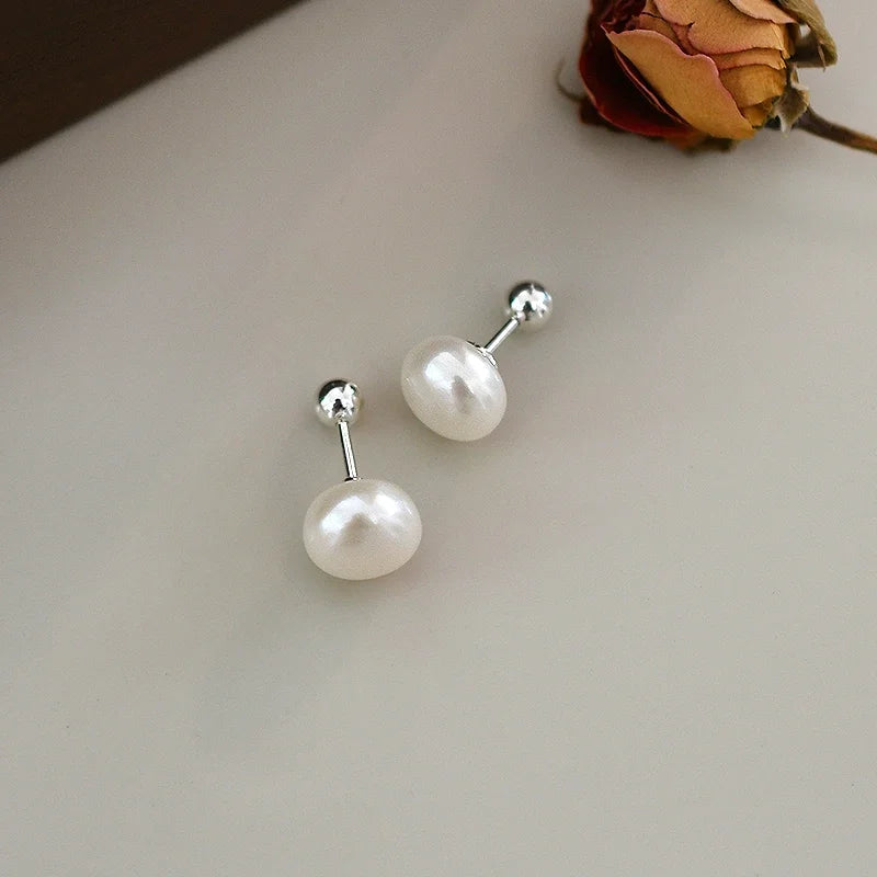 Natural Silver 925  Freshwater Pearl Spiral Clasp Stud Earrings