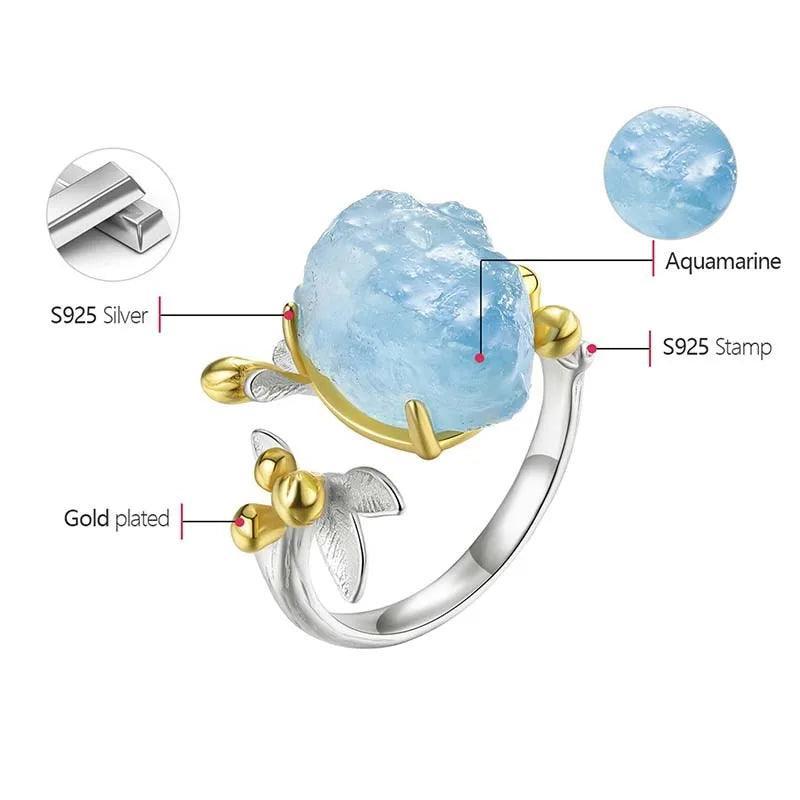 Natural Aquamarine Gemstone Flower 18K Gold   Rings Sterling Silver 925