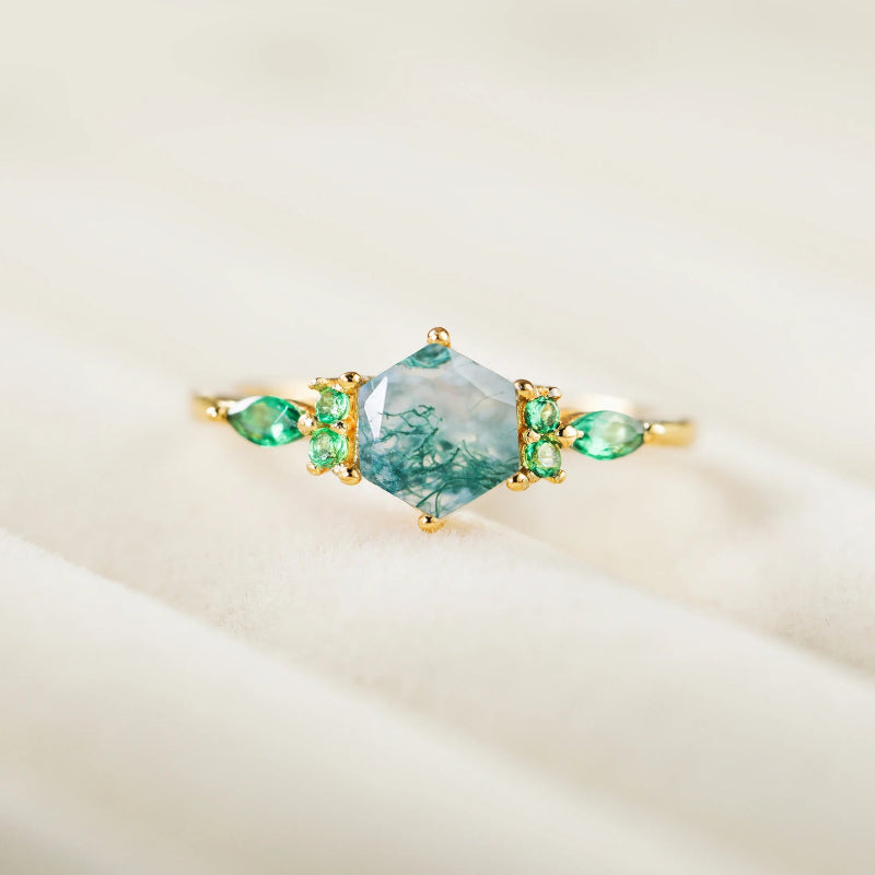 August Birthstone Unquie Natural Green Moss Stone Ring Jewelry