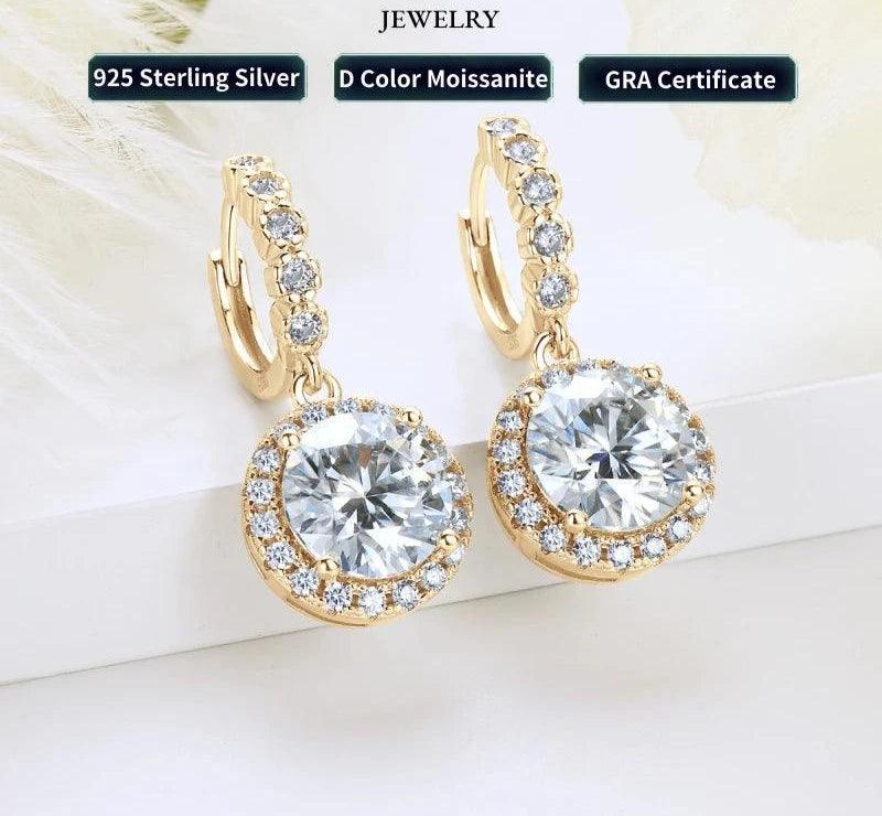 Hoop Earrings Moissanite Drop 100% 925 Silver Gold Plated 2.0ct