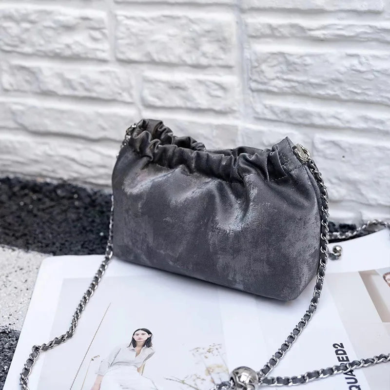 Women Chain Female Soft Split Leather Bucket Shoulder Lady Casual