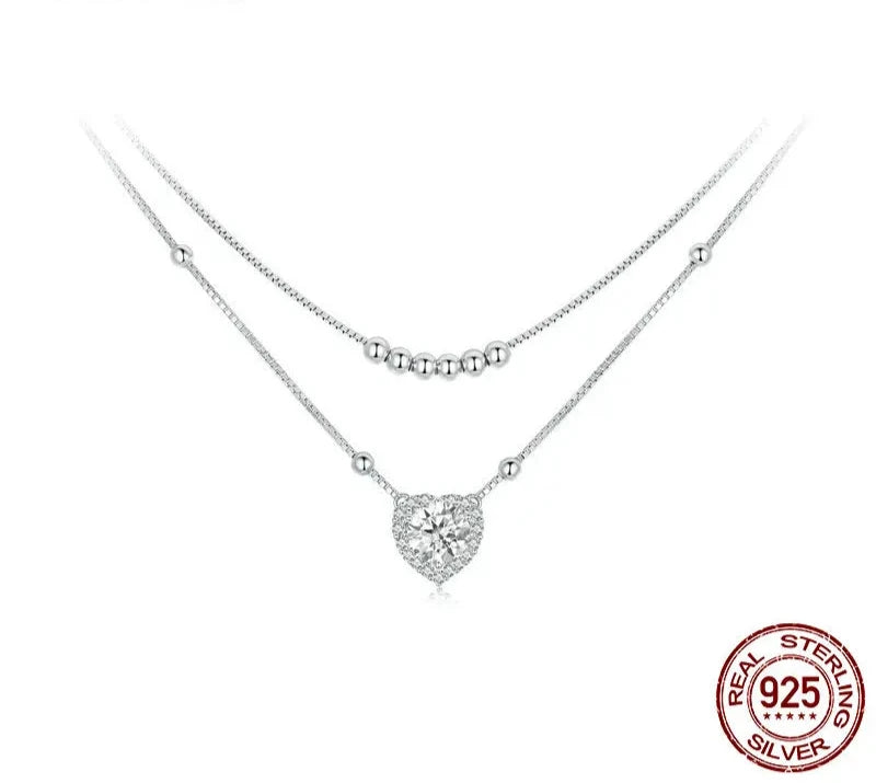 Diamond necklace Halo Heart Pendant Double-layer for Women