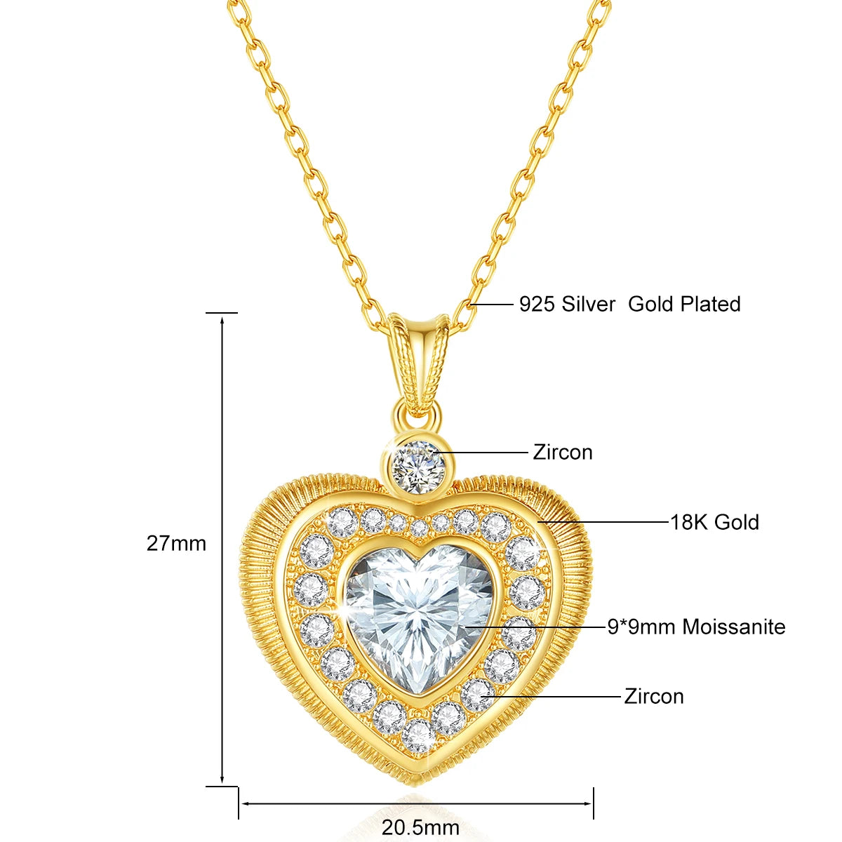 Gold Necklace 18K Heart Moissanite Pendant Luxury Jewelry