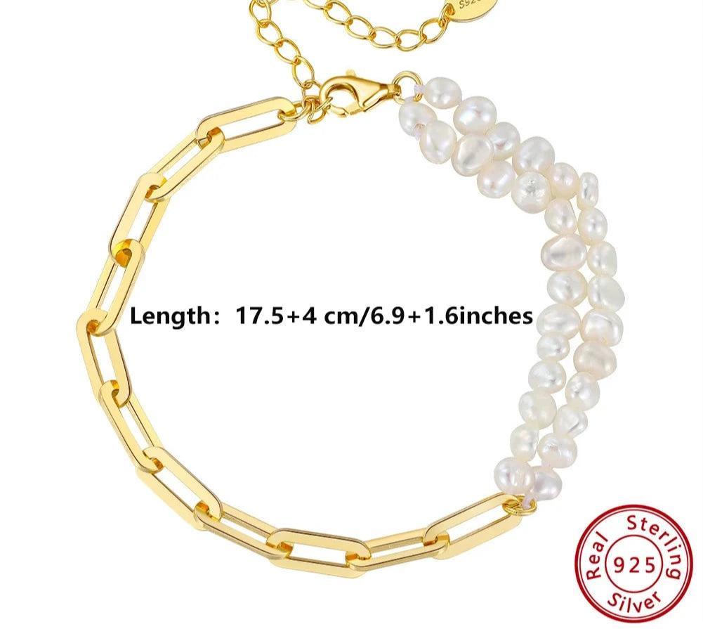 Natural Baroque Sterling Silver 925 Pearl Bracelet 14K Gold Jewelry