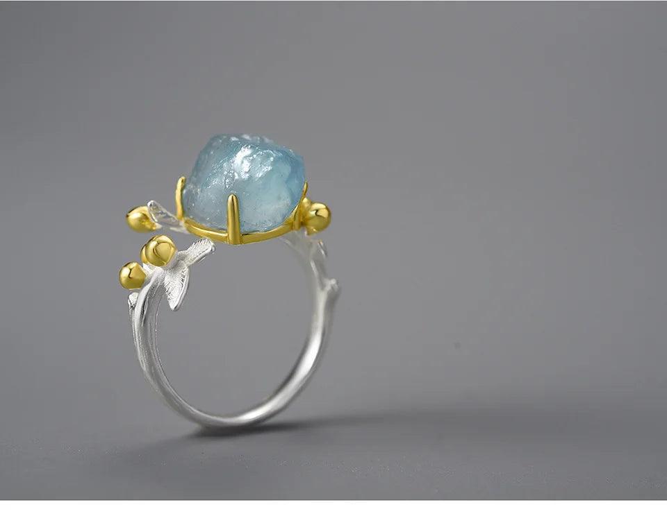 Natural Aquamarine Gemstone Flower 18K Gold Rings Sterling Silver 925