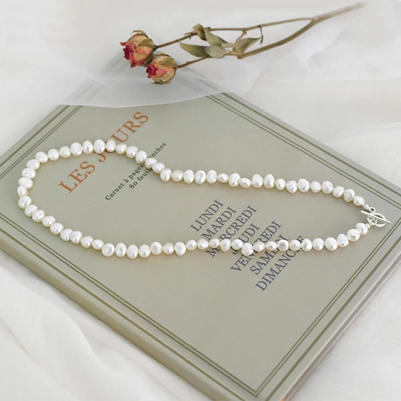 Pearl Necklace Natural Freshwater Sterling Silver 925 Women's Jewelry